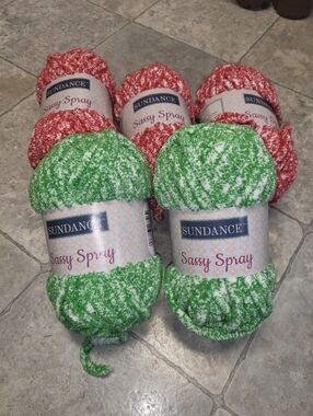 5 Skeins Sundance Sassy Spray Chenille Yarn -  Poppy Passion/ Lime Twist